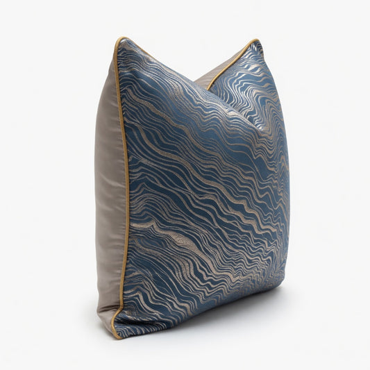 Topographic Wave Velvet-Look Pillow Cover with Gold Piping-18inx18in (Cover Only)