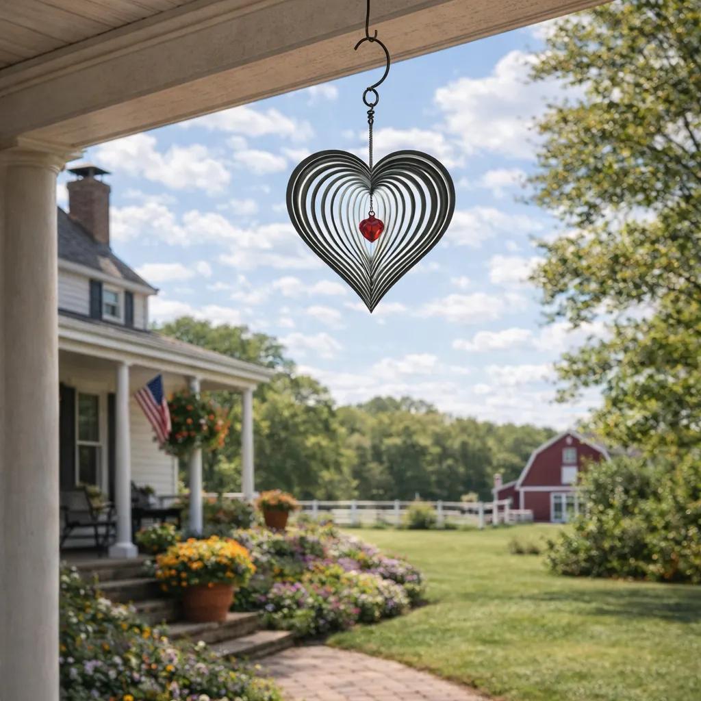 Stainless Steel Heart Wind Spinner with Red Crystal Accent