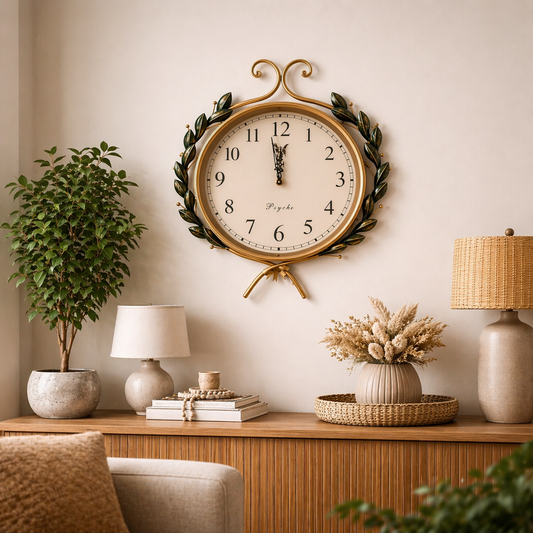 Olive Wreath Silent Wall Clock-Non-Ticking Quartz Botanical Wall Decor (Gold-Tone)