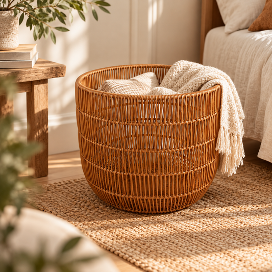 Cognac Faux Rattan Tapered Round Floor Basket