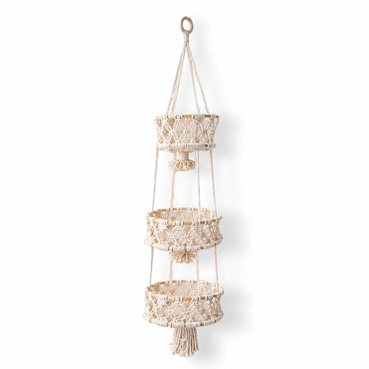 Vertical Hanging Storage, Boho Style-A Cotton Rope Woven 3-Tier Basket