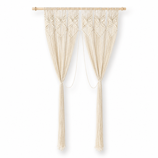 Textured Room Divider-Macrame Curtain Panel with Included Wood Rod