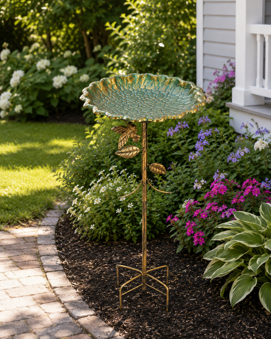 Verdigris Lotus Bird Bath Stake for Garden Decor