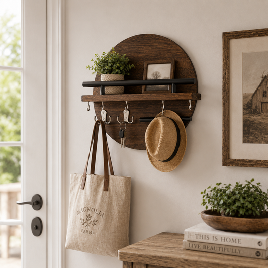 Walnut Wall Key Holder Shelf Organizer with Hooks