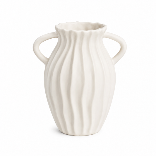 Ivory Ripple Ceramic Vase with Dual Handles