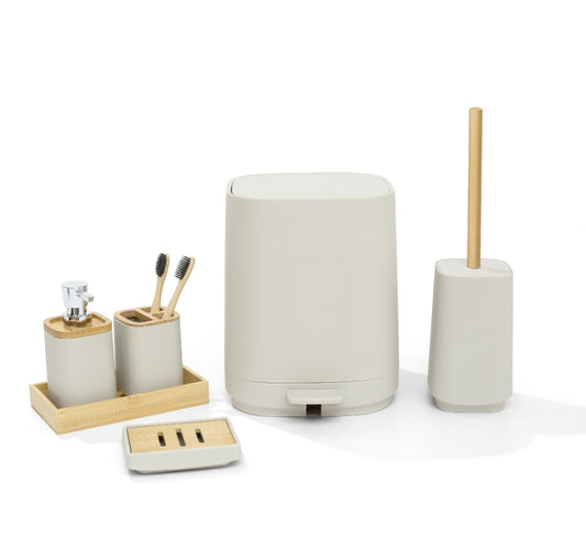 Matte Sand bamboo 6-piece bathroom set with step trash can, toilet brush, dispenser, toothbrush holder, tray and soap dish