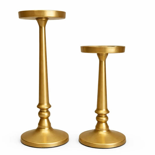 Cast iron pillar candle holders set of 2 in matte black, heavy pedestal design