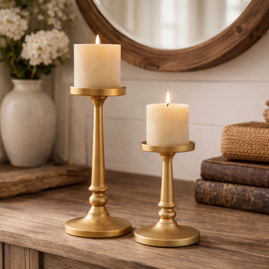 Cast iron pillar candle holders set of 2 in antique gold, pedestal candle holder set
