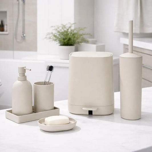 Minimalist matte neutral bathroom accessories set with coordinated countertop tray and soap dish