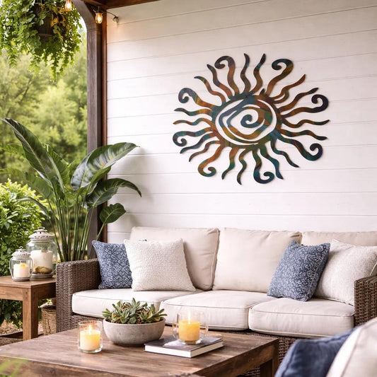 Metal sun wall art close-up colorful finish