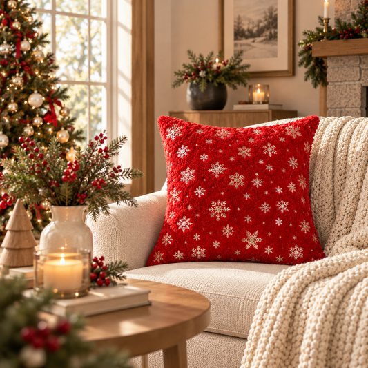 Red Snowflake Pillow Cover (20"L × 20"W)