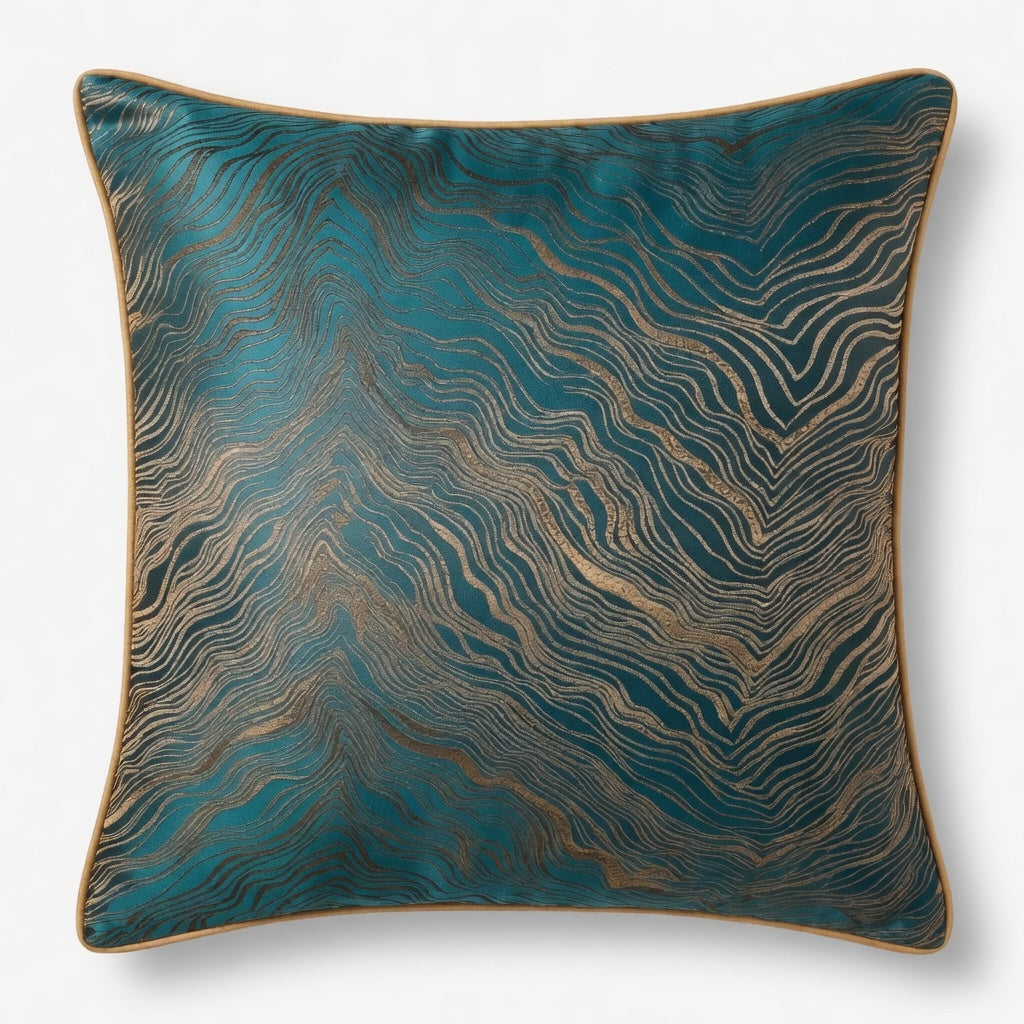 Topographic Wave Velvet-Look Pillow Cover with Gold Piping-18inx18in (Cover Only)