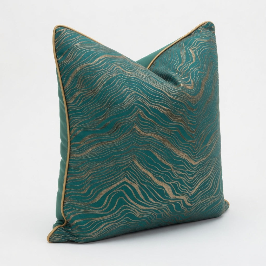 Topographic Wave Velvet-Look Pillow Cover with Gold Piping-18inx18in (Cover Only)