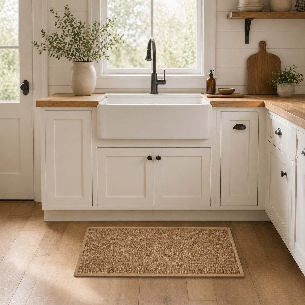 Modern kitchen with white cabinets, wooden countertops, and a large sink.