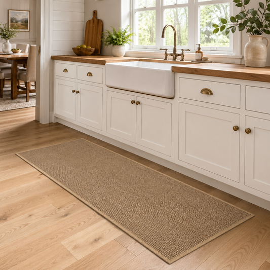 Kitchen with a long woven mat on the wooden floor, white cabinets, and a sink.