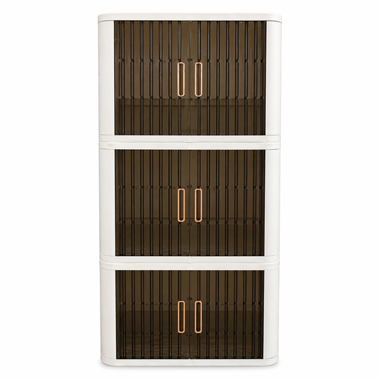 Foldable Fluted-Door Storage Cabinet, 3-Tier Set (White)