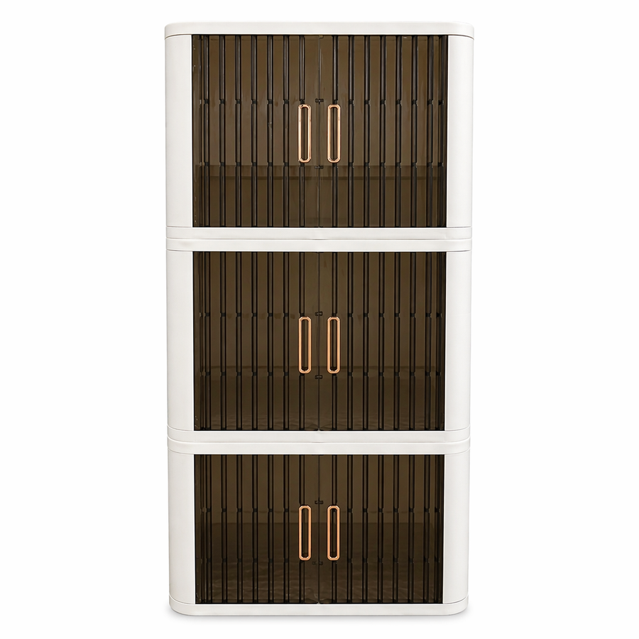 Foldable Fluted-Door Storage Cabinet, 3-Tier Set (White)