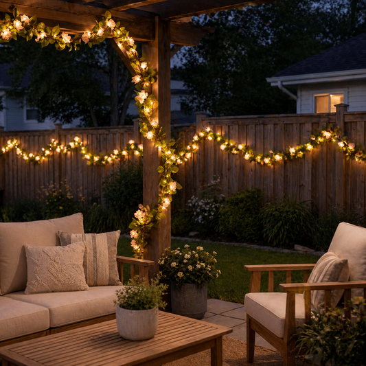 Champagne Rose Blossom String Lights-100 LEDs (Solar / Battery / USB Curtain)