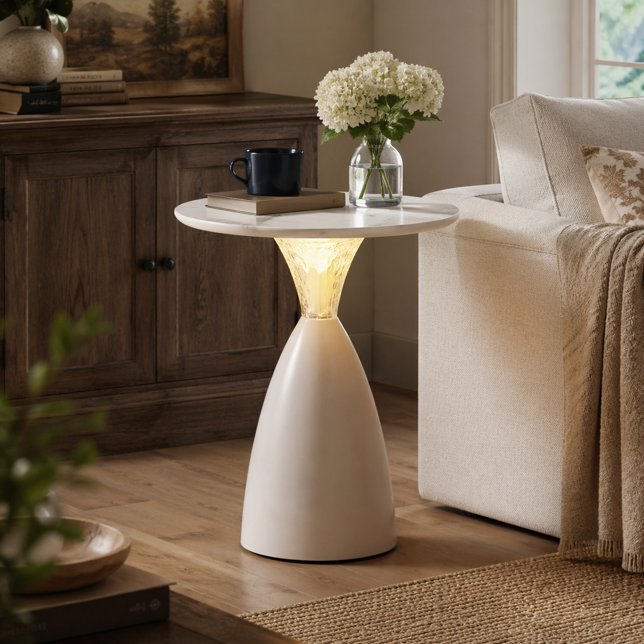 RippleGlow Rechargeable LED Side Table with Sintered Stone Top-Water Ripple Glow (White)