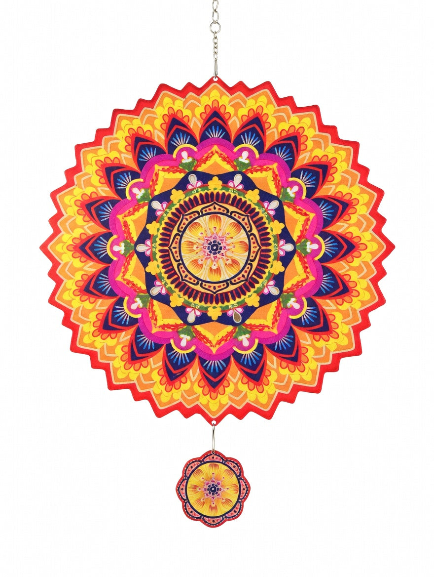  Indigo Feather Mandala: 12-inch blue-purple mandala stainless steel wind spinner with hanging charm disc, 3D balcony garden decor