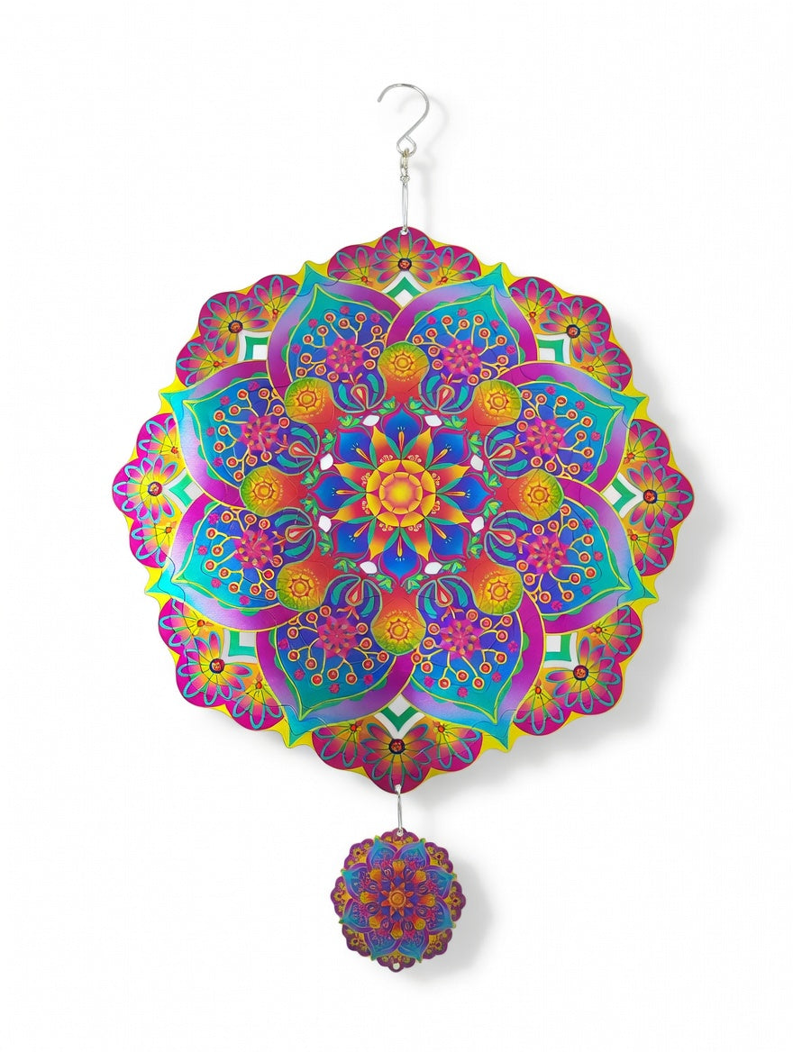 Mandala Stainless Steel Wind Spinner with Hanging Charm Disc (12in) - 3D Outdoor Garden Decor