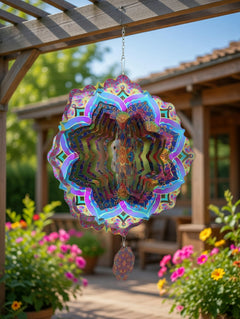 Citrus Mosaic Mandala: 12-inch colorful mosaic mandala stainless steel wind spinner with hanging charm disc, outdoor porch decor