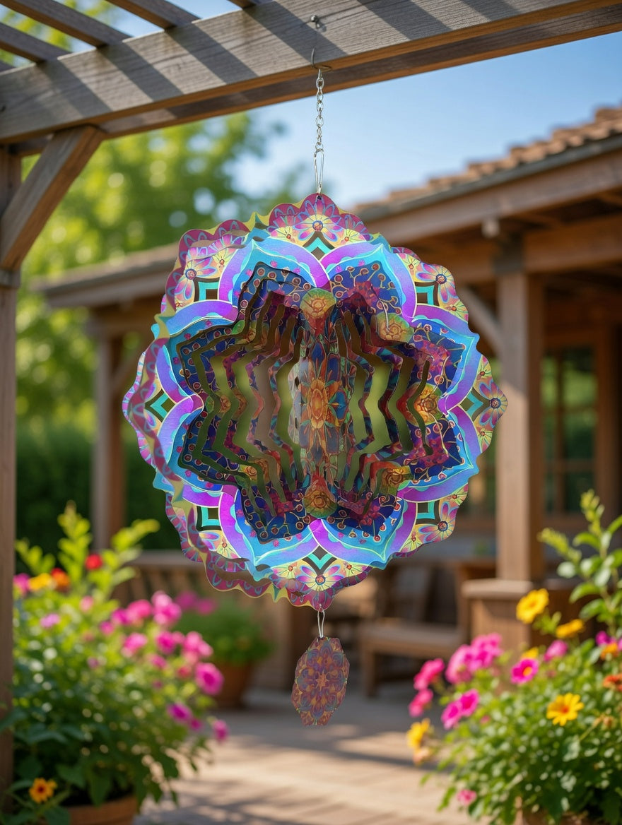Citrus Mosaic Mandala: 12-inch colorful mosaic mandala stainless steel wind spinner with hanging charm disc, outdoor porch decor
