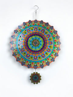Mandala Stainless Steel Wind Spinner with Hanging Charm Disc (12in) - 3D Outdoor Garden Decor