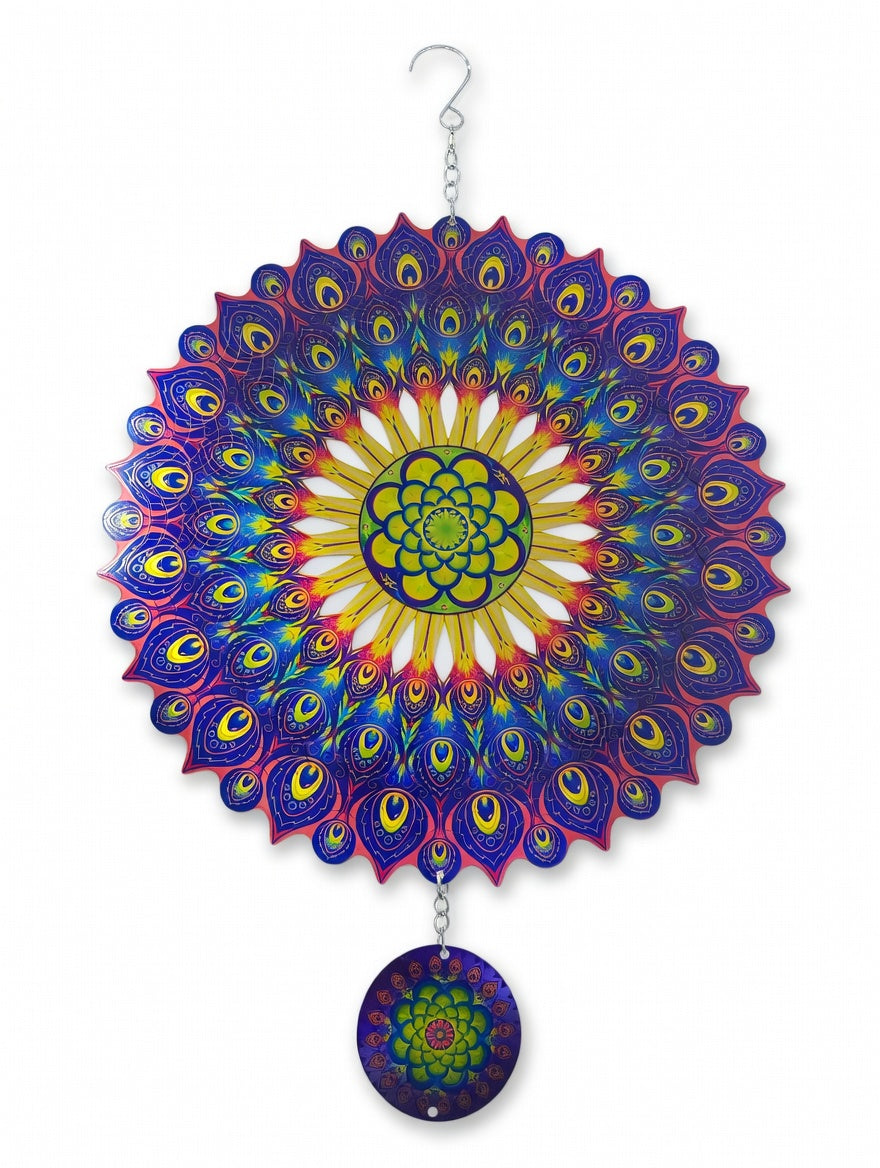  Sunset Mandala: 12-inch red-orange mandala stainless steel wind spinner with hanging charm disc, 3D outdoor patio decor