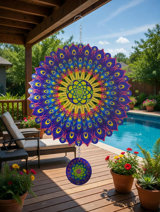 Prism Bloom Mandala: 12-inch multicolor mandala stainless steel wind spinner with hanging charm disc, 3D hanging yard art