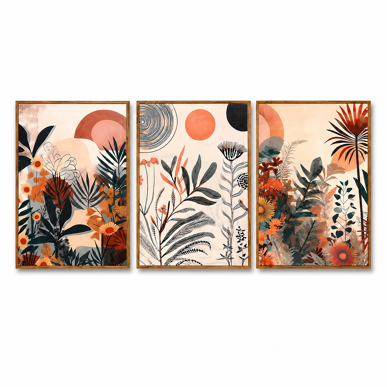 Boho Botanical Triptych Canvas Wall Art Set