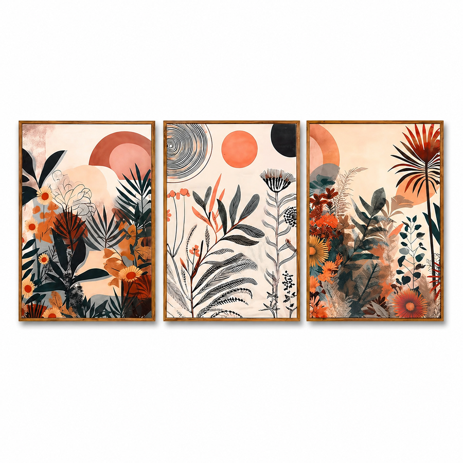Boho Botanical Triptych Canvas Wall Art Set