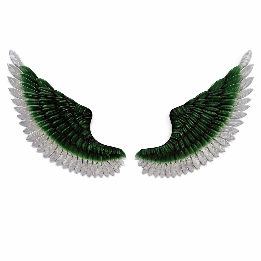 Large metal angel wings wall decor set of 2 in green and silver, 3D feather wall sculpture