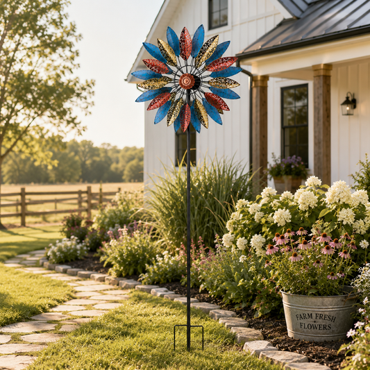 2m Kinetic Flower Wind Spinner-Tall Metal Garden Statement Stake