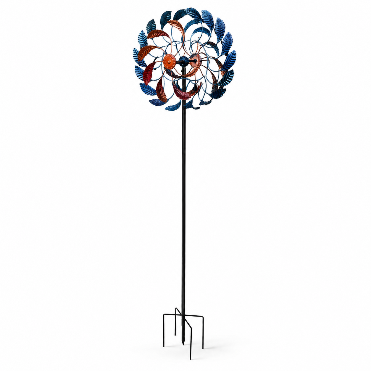Blue & Copper Leaf Kinetic Wind Spinner-Metal Garden Stake Sculpture