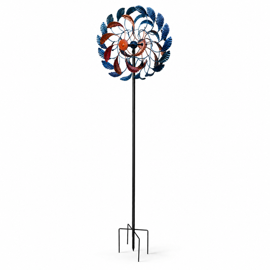 Blue & Copper Leaf Kinetic Wind Spinner-Metal Garden Stake Sculpture