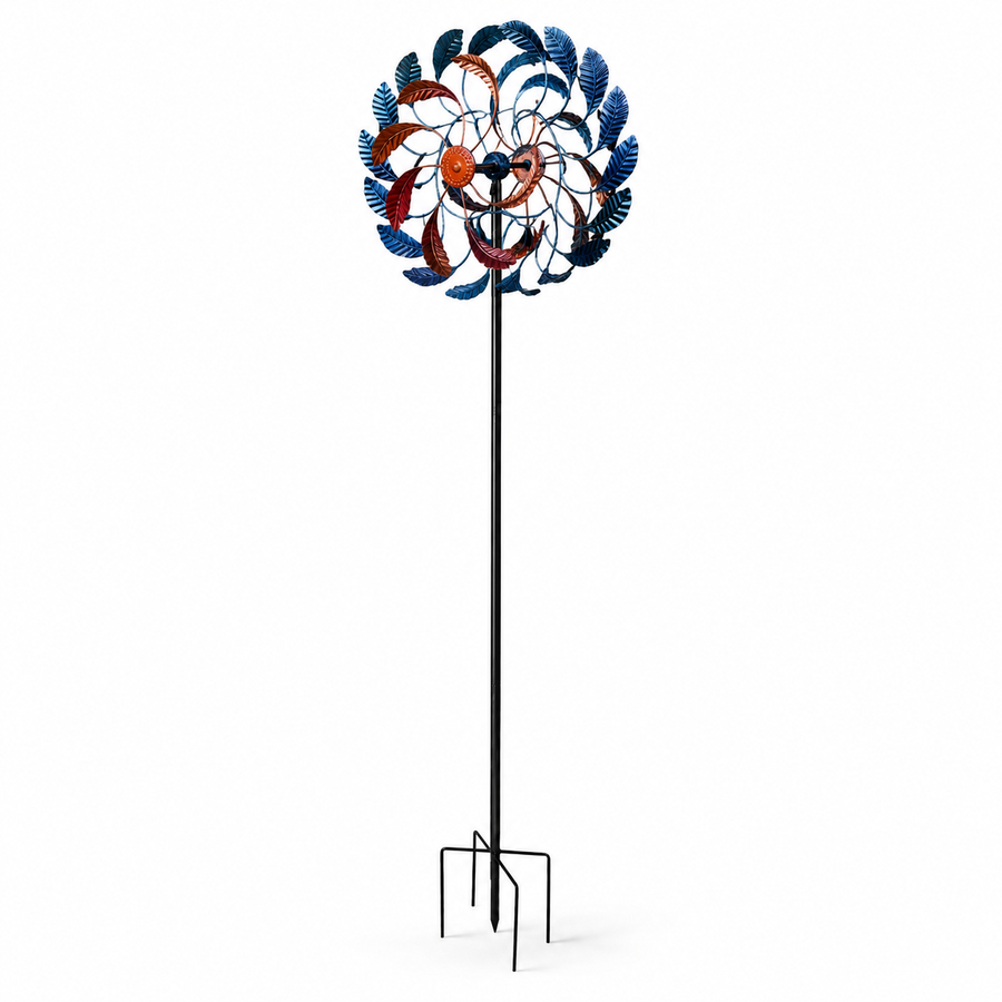 Blue & Copper Leaf Kinetic Wind Spinner-Metal Garden Stake Sculpture
