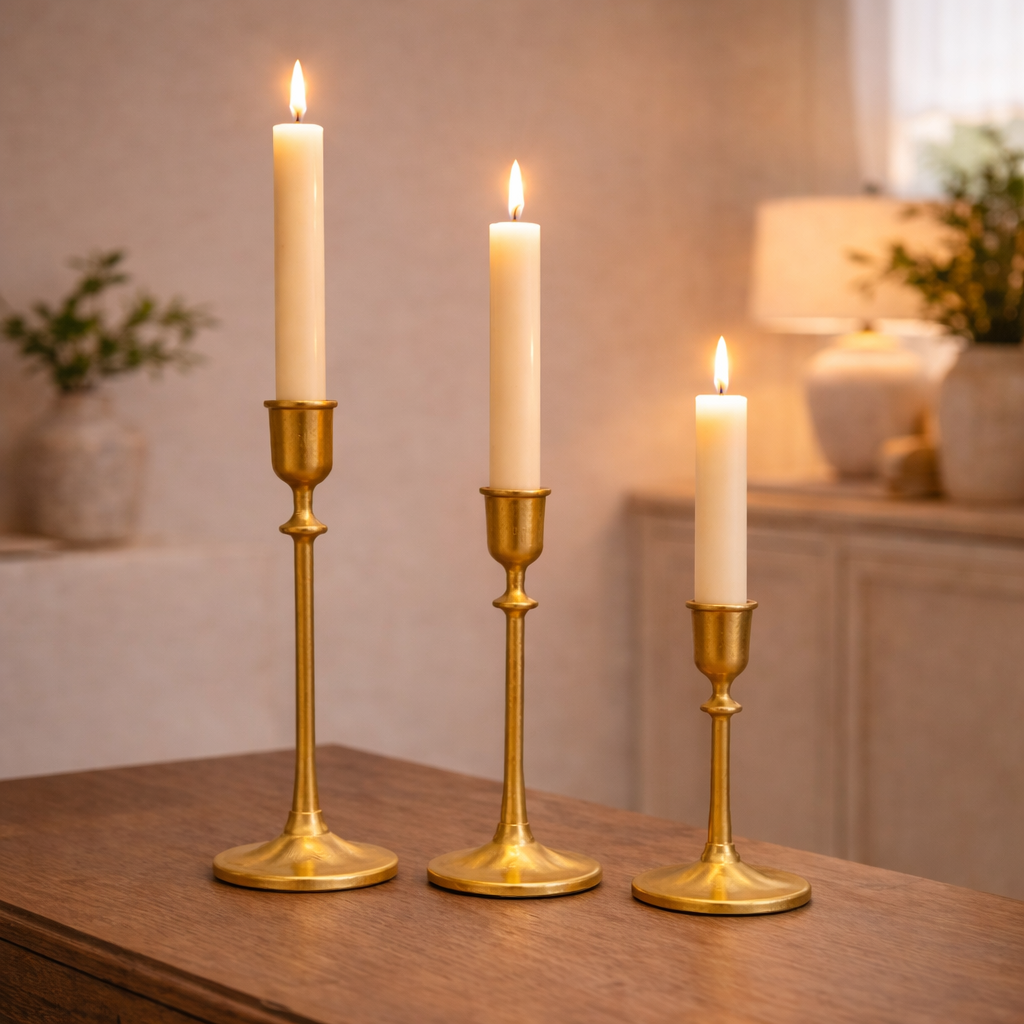 Cast iron candlestick holders set of 3 antique gold vintage brass tone