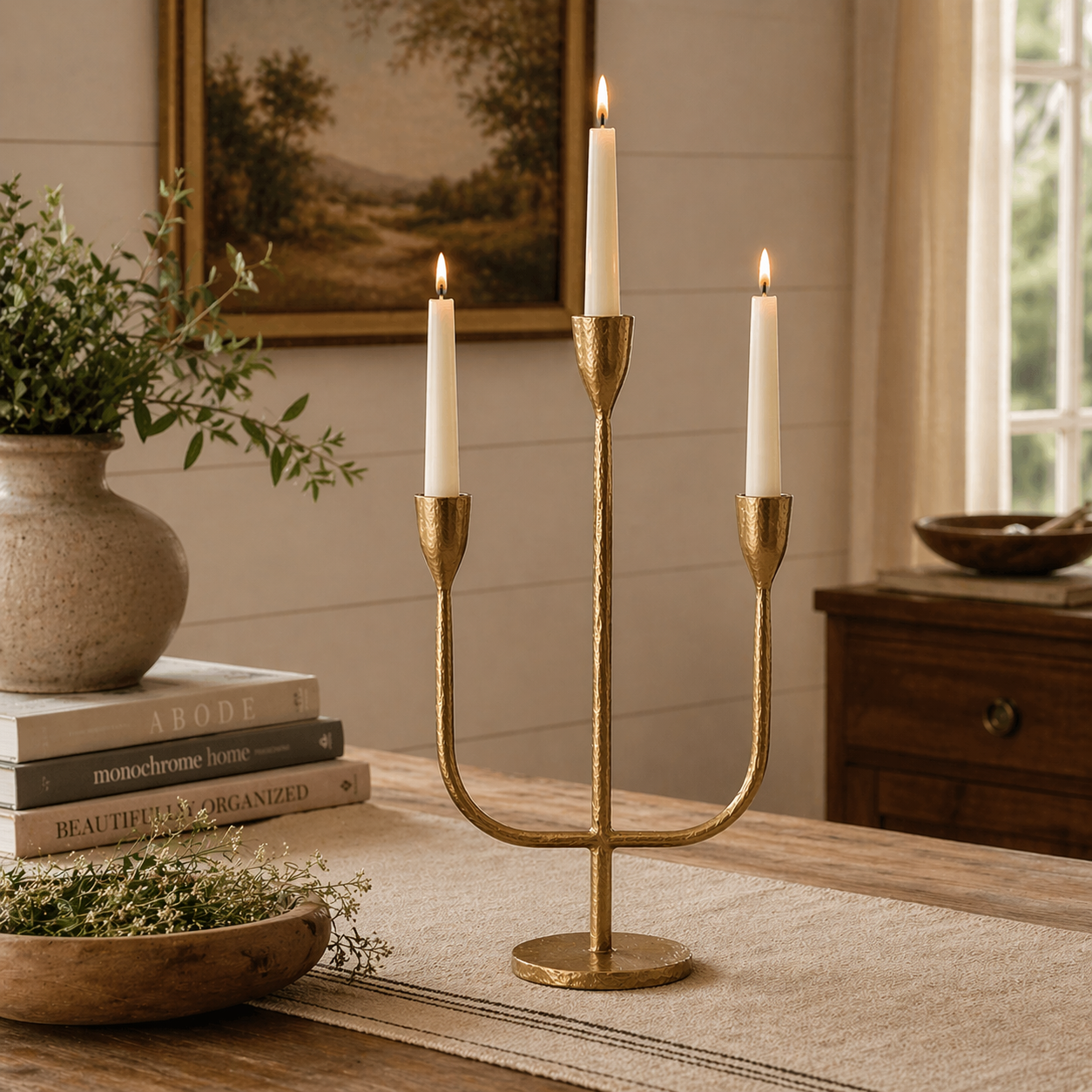 Antique Brass 3-Arm Candelabra Candle Holder