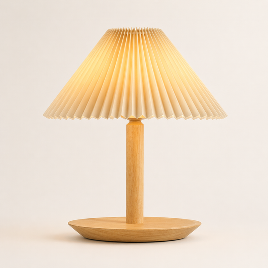Pleated Shade Wood Table Lamp-Saucer Base (E26)