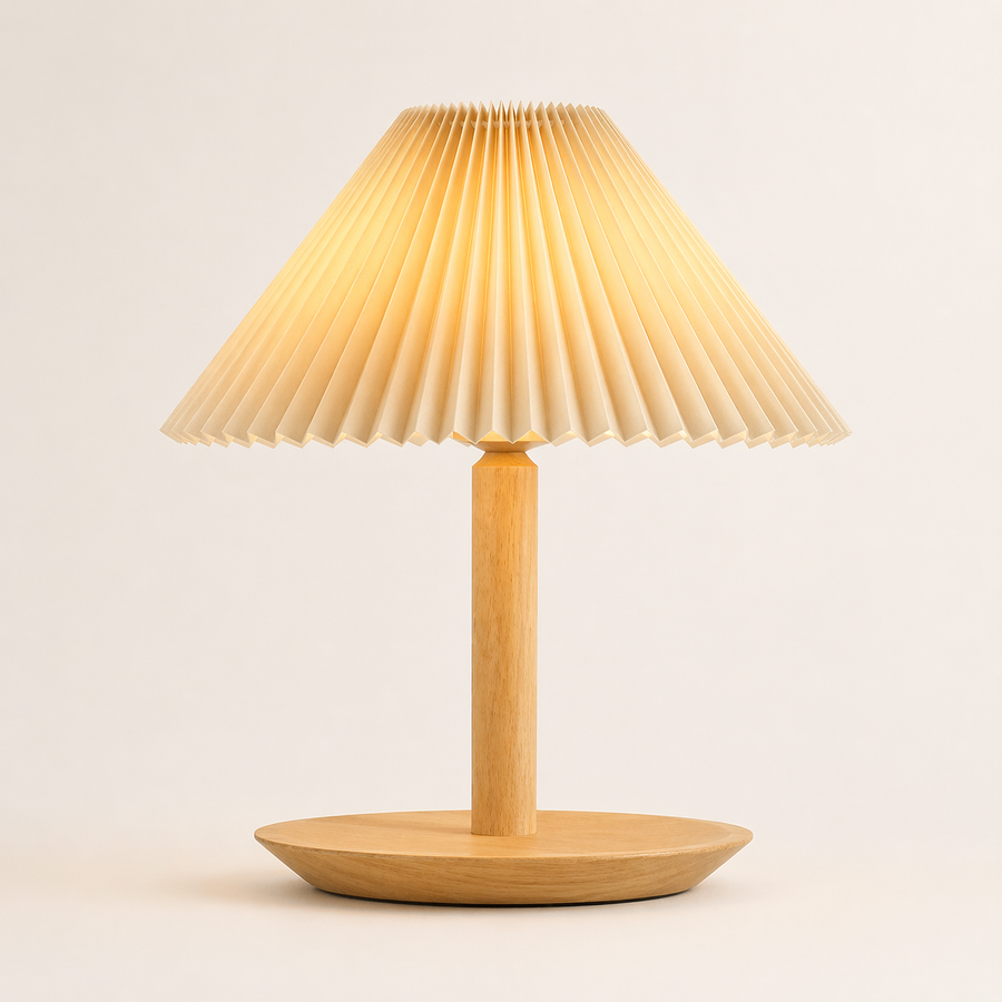 Pleated Shade Wood Table Lamp-Saucer Base (E26)