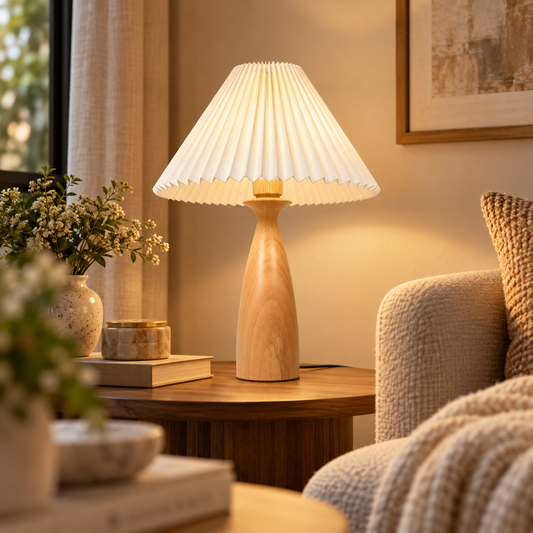 Pleated Shade Wood Table Lamp-Taper Base (E26)