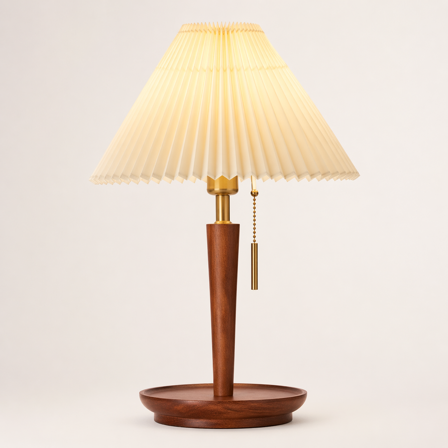 Brass Pull Pleated Shade Table Lamp in Dark Wood (E26)