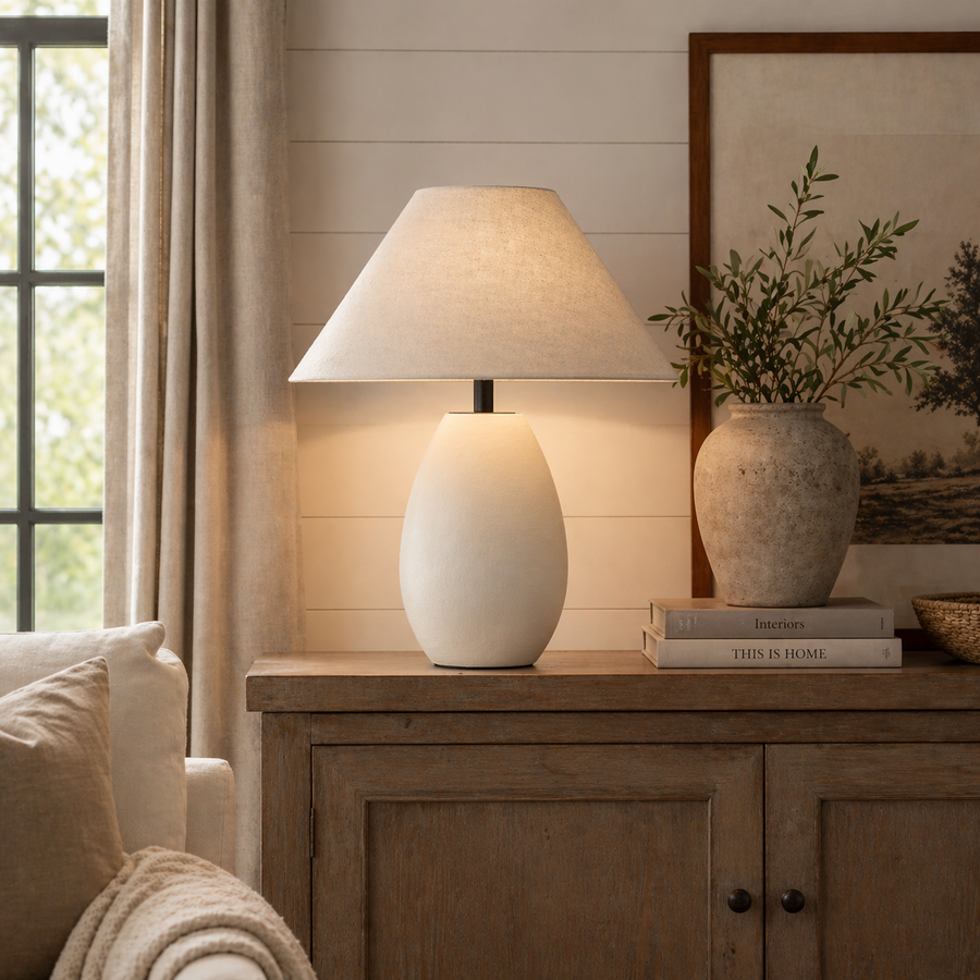 White Ceramic Table Lamp with Linen Shade