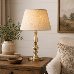Antique Brass Column Table Lamp with Textured Linen Shade