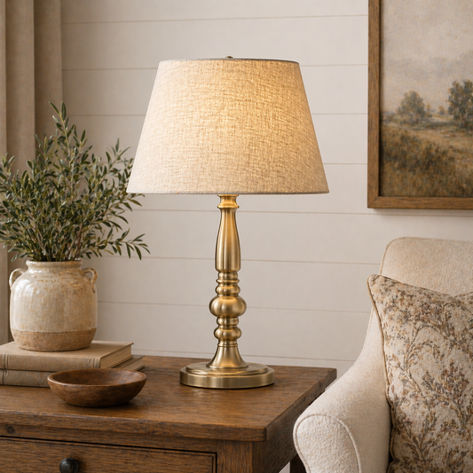 Antique Brass Column Table Lamp with Textured Linen Shade