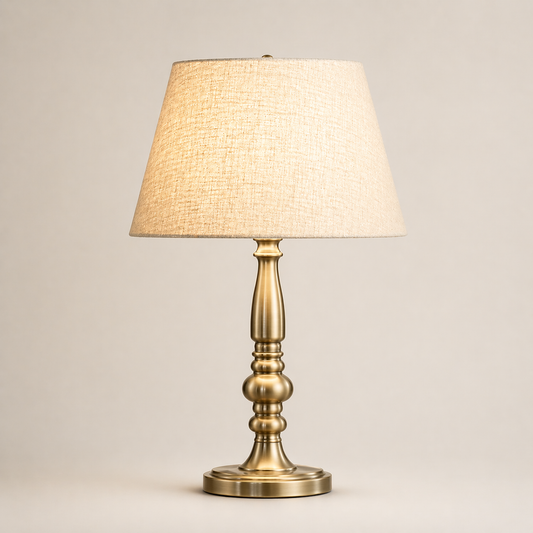 Antique Brass Column Table Lamp with Textured Linen Shade