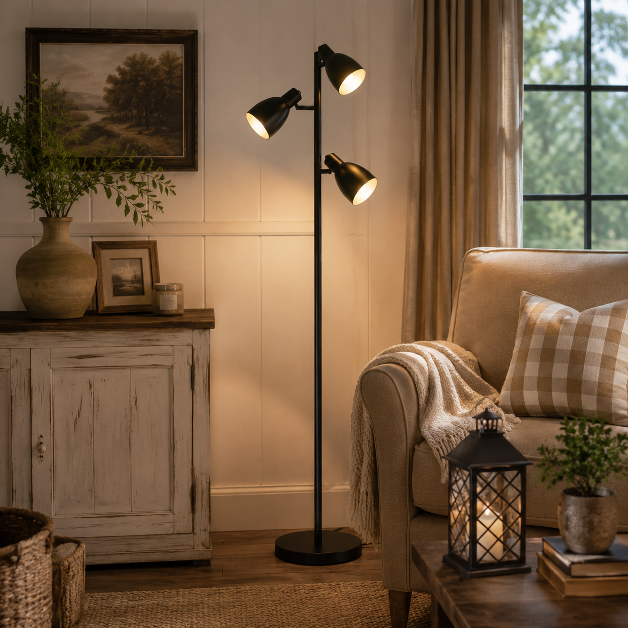 Trio Spotlight Floor Lamp-Black Iron, 3 Adjustable Heads