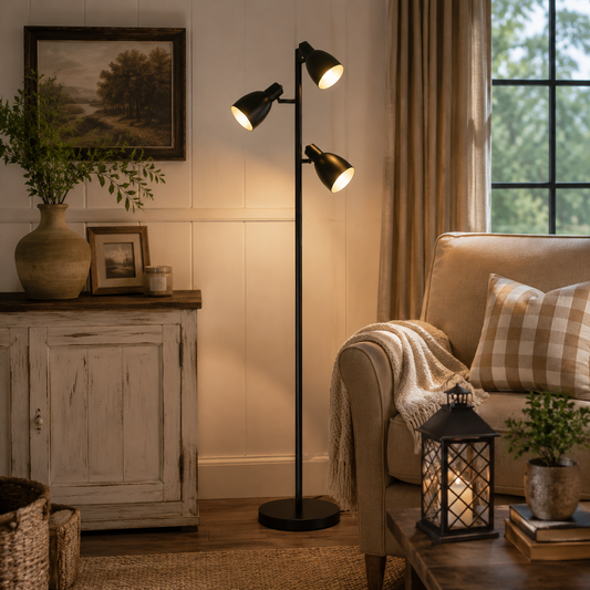 Trio Spotlight Floor Lamp-Black Iron, 3 Adjustable Heads