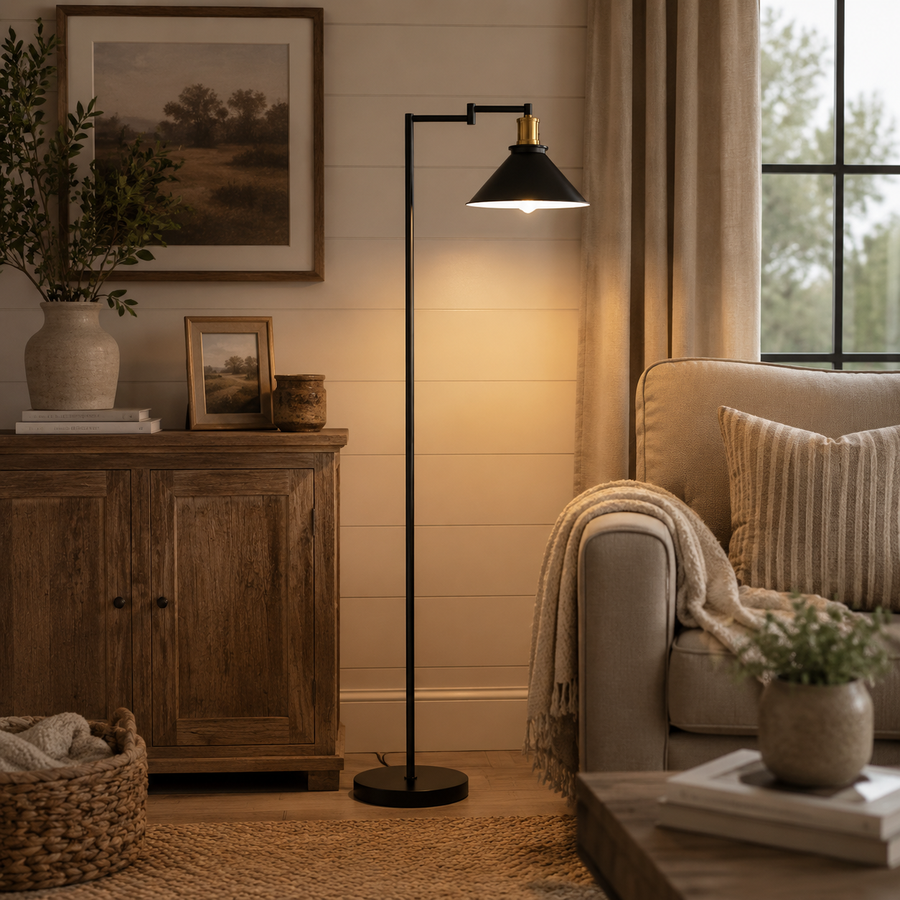 Swing-Arm Task Floor Lamp-Black Iron, Adjustable Arm & Metal Shade